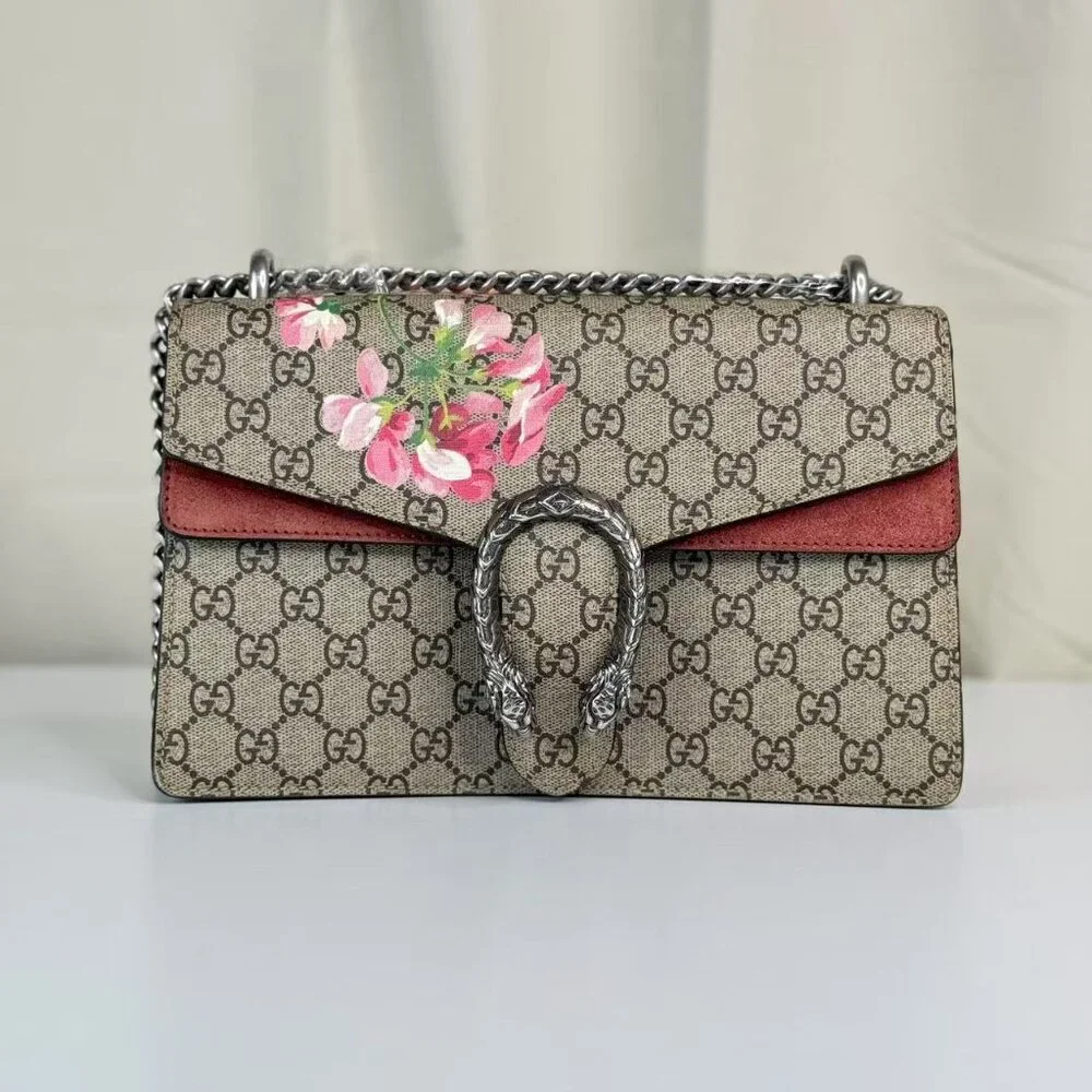 Gucci GG Logo Supreme Medium Dionysus Shoulder Bag with Floral Accent and Red Tr